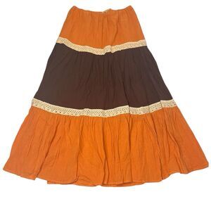 NWT Y2K Tiered Maxi Skirt XS/S Orange Brown Crochet Boho Festival DOL.Design